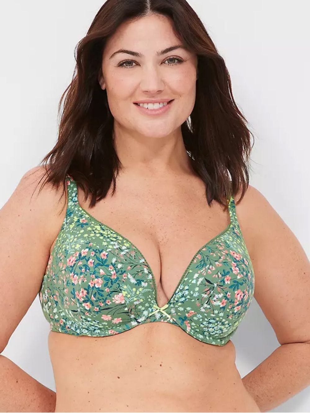 Lane Bryant Cacique BOOST PLUNGE Bra Green Floral Cotton Underwire 42C EC